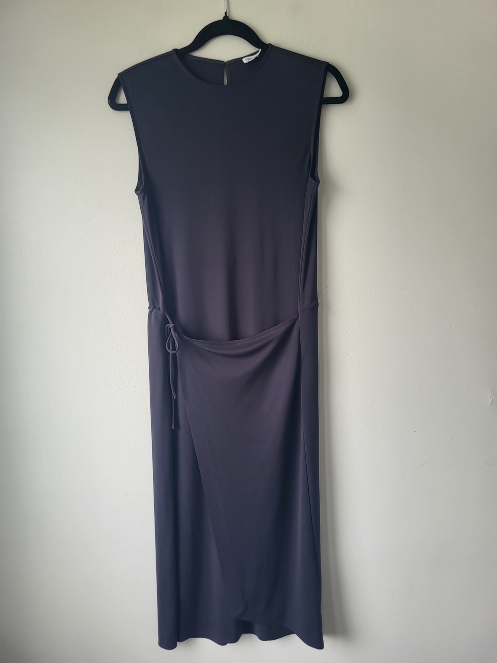 Sleeveless Midi Charcoal Black Classic Chic Femimine Dress with Side Drape
